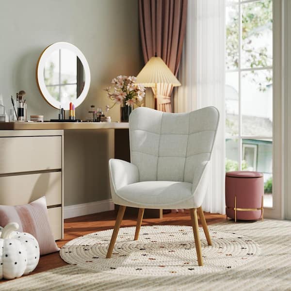 KANYAN Modern Makeup Vanity Chair with Wide Backrest, Available in Cream, Wood Legs, Perfect for Bedroom Makeup Stations
