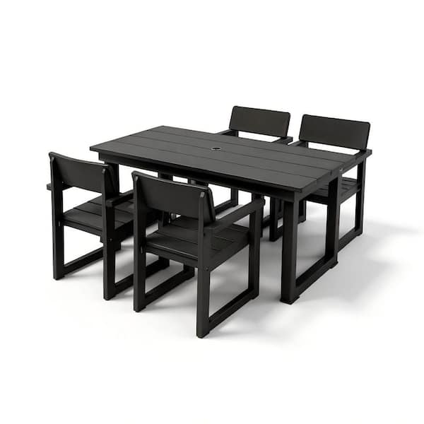 5-Piece HDPE Outdoor Dining Conversation Sectional Sofa Set, 69 in. L Rectangular Table with Umbrella Hole, Black