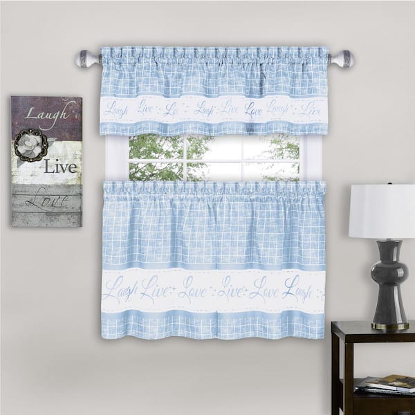 ACHIM Live, Love, Laugh Light Blue Polyester Light Filtering Rod Pocket Tier and Valance Curtain Set 58 in. W x 24 in. L