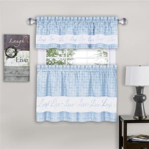 Live, Love, Laugh Light Blue Polyester Light Filtering Rod Pocket Tier and Valance Curtain Set 58 in. W x 24 in. L