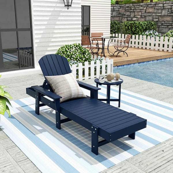 Altura 2PC Navy Blue Classic Outdoor Patio Adjustable Back Adirondack Chaise Lounge Arm Chair and Round Side Table Set