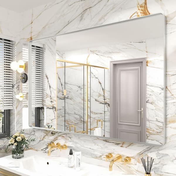55 in. W x 36 in. H Rectangular Aluminum Alloy Framed and Tempered Glass Wall Bathroom Vanity Mirror in Brushed Silver