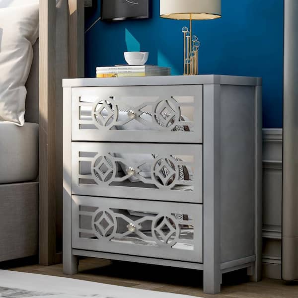 GOSALMON Gray Wooden Storage Cabinet with 3 Drawers and Decorative Mirror, Natural Wood