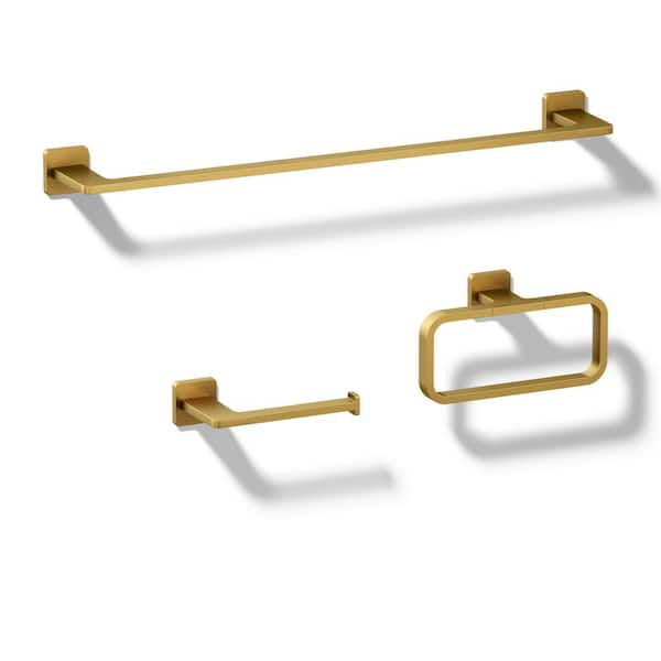 Mavera 3-Piece Bath Hardware Set Towel Bar, Toilet Paper Holder and Hand Towel Holder in Vibrant Brushed Moderne Brass