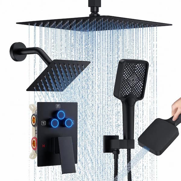12 In. Ceiling Mount Rainfall Shower System with 6 In. Side Head, Handheld, Push-Button Diverter, Matte