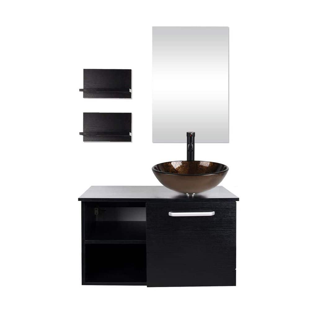 28 in. W x 19 in. D x 16 in. H Single Sink Black Bath Vanity with Brown Round Solid Surface Top Sink and Mirror price history on PriceWatchPro