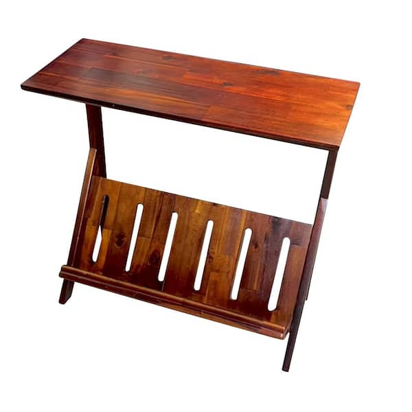 Unbranded 10 in. Mahogany Finish Rectangle Acacia K End Table with Display Rack
