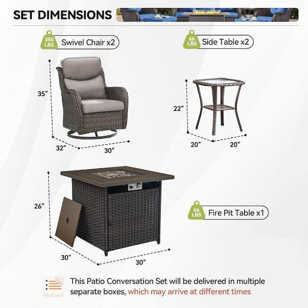 Luxury Brown Wicker Fire Pit Conversation Set with Olefin Gray Cushions and Patio Swivel Chairs/Side Tables (7-Piece)
