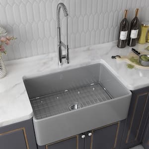 Grey Fireclay 30 in. Single Bowl Corner Farmhouse Apron Kitchen Sink with Bottom Grid and Basket Strainer