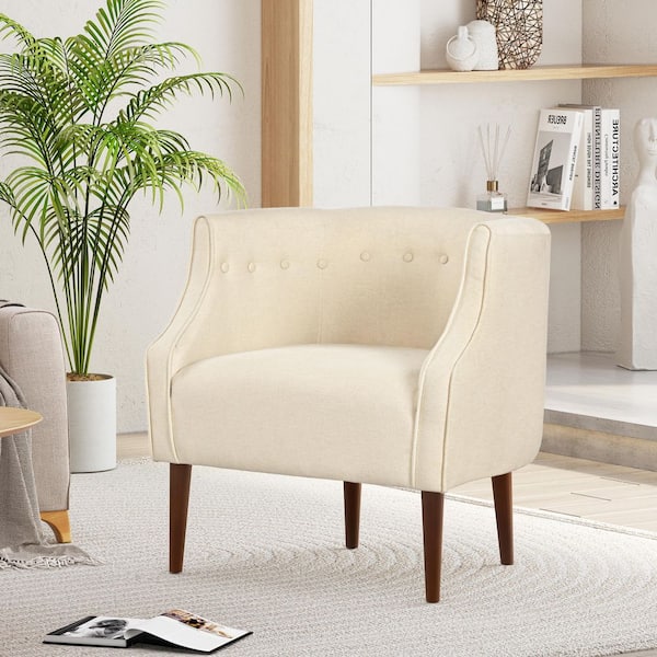 CSC DECOR INC Beige Fabric Arm Chair, Club Chair, Upholstered Tub Chair, Accent Chair with Button-Tufted Back, Tonal Piping, Wood Legs
