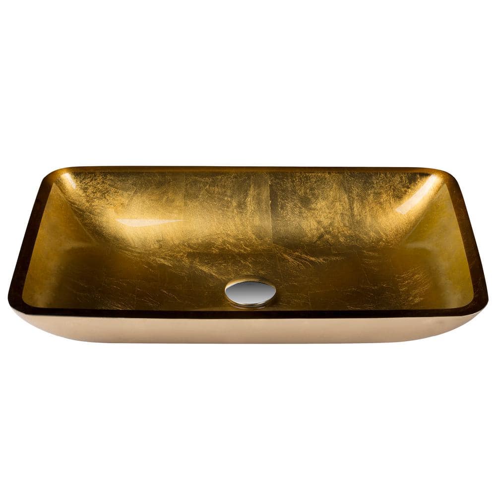 Gold Glass Rectangular Vessel Bathroom Sink, 22 inch
