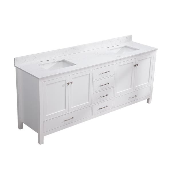 YASINU Marjara 84 in. W x 22 in. D x 39.5 in. H Freestanding Bath Vanity in White with White Engineered Stone Composite Top