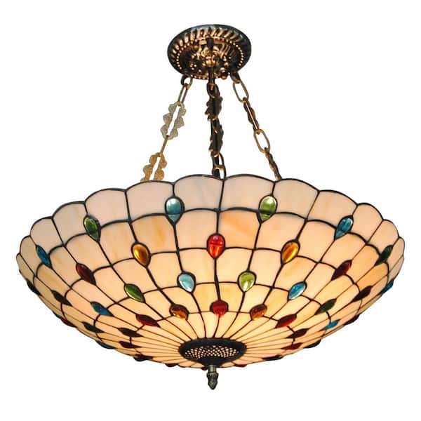 OUKANING 20.5 in. 5-Light Retro Stained Glass Shade Semi-Flush Mount Ceiling Light