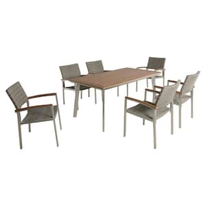 Waldorf Silver 7-Piece Aluminum and Grey Faux Rattan Outdoor Dining Set with Faux Wood Table Top