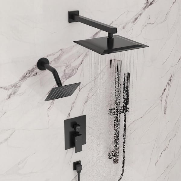 3-Spray 10 and 6 in. Wall Mount Dual Shower Heads and Handheld Shower Head in Matte Black (Valve Included)