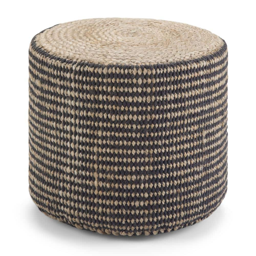 Simpli Home Larissa Boho Round Braided Pouf in Natural Jute