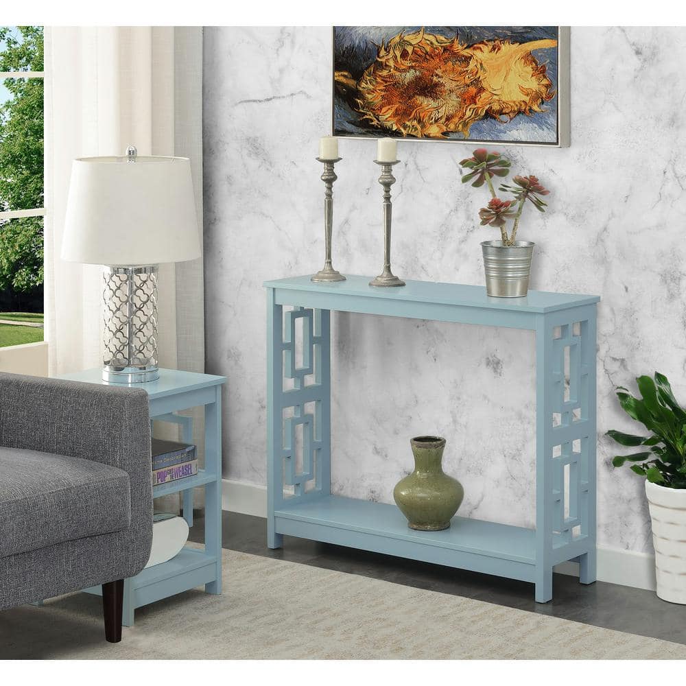 Sea Foam Blue Wood Console Table with Storage Shelf