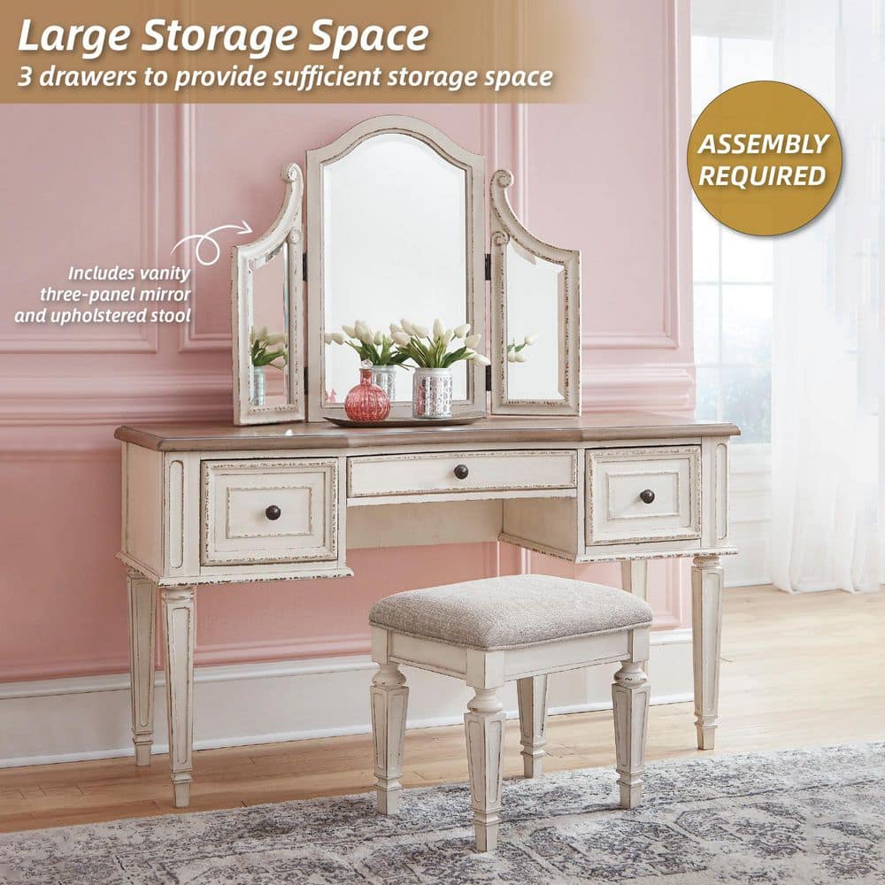 Rustic White 3-Drawer Vanity Set with Bench and Mirror