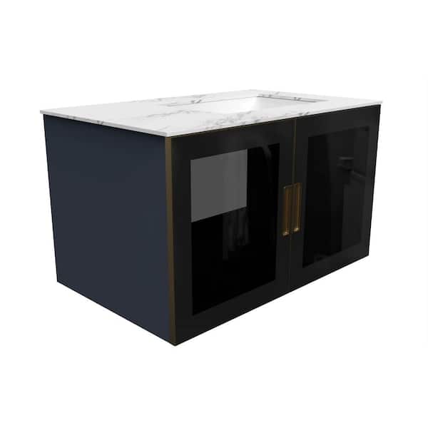 castellousa Solaria 36 in. W x 22 in. D x 21.5 in. H Single Right Floating Bath Vanity in Blue with Faux White Marble Porcelain Top