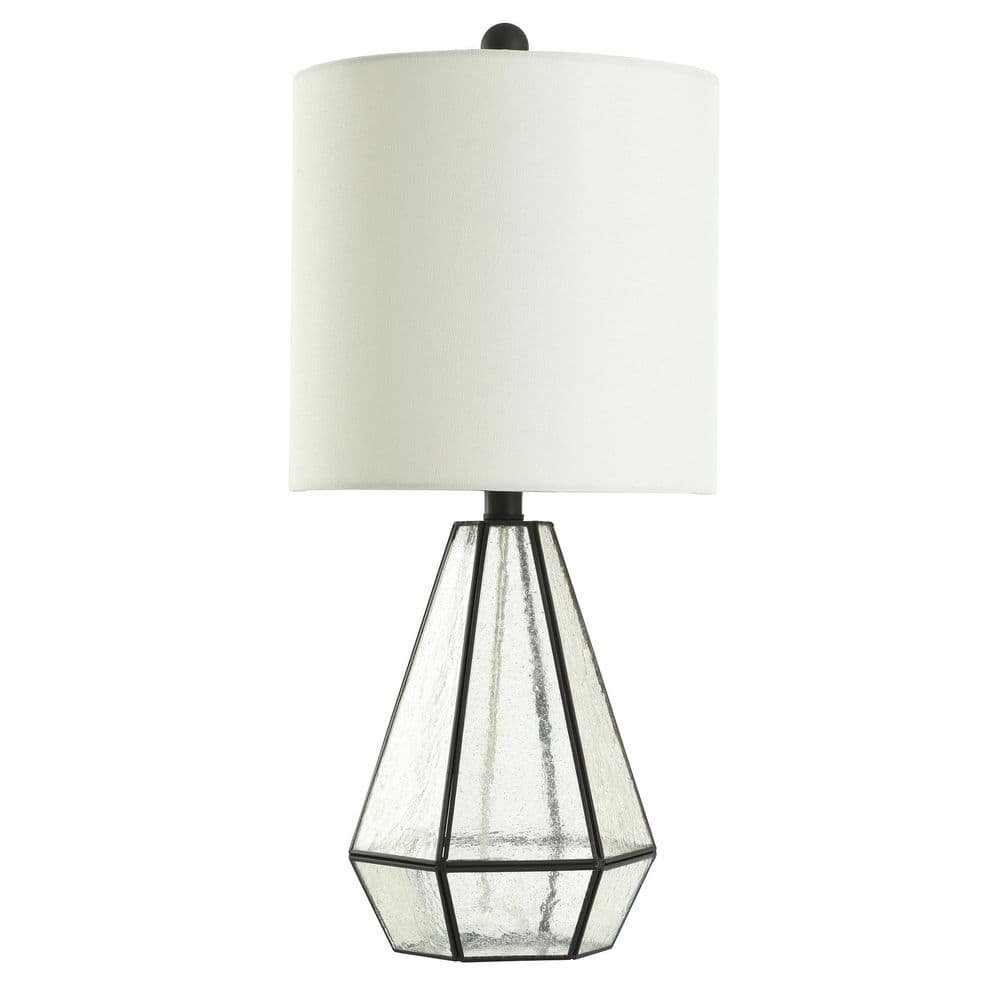 Aged Bronze Geometric Nightstand Lamp with White Barrel Shade