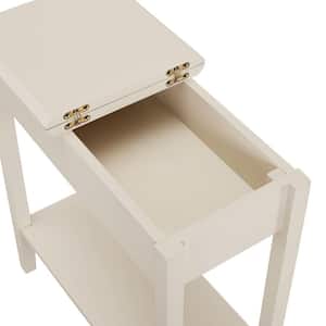 Cream 1-Drawer Narrow End Table with Storage, Nightstand Flip Top Narrow Side Tables for Small Spaces, Slim End Table