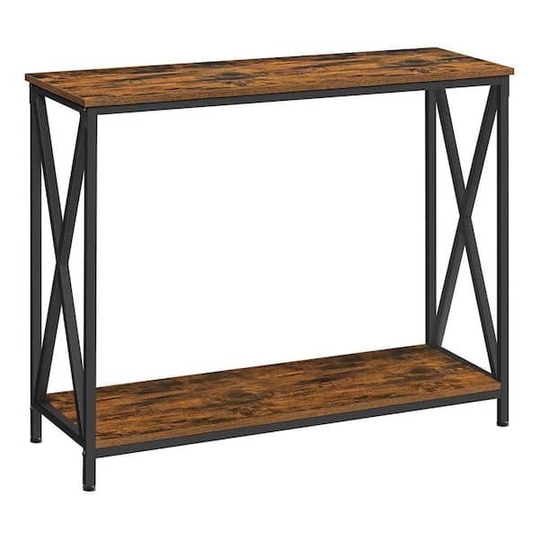 Benjara Brown and Black Wood Top 13.8 in. Sideboard with Crossed Metal Design Metal Frame
