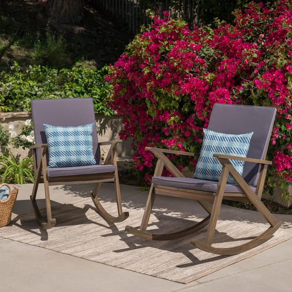 Noble House Gus Gray Wood Patio Outdoor Rocking Chairs with Gray Cushions (2-Pack)