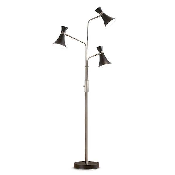 HomeGlam Bonnie 74 in. Brushed Nickel/Black Finish 3-Lights Tree Floor Lamp with Black Shades