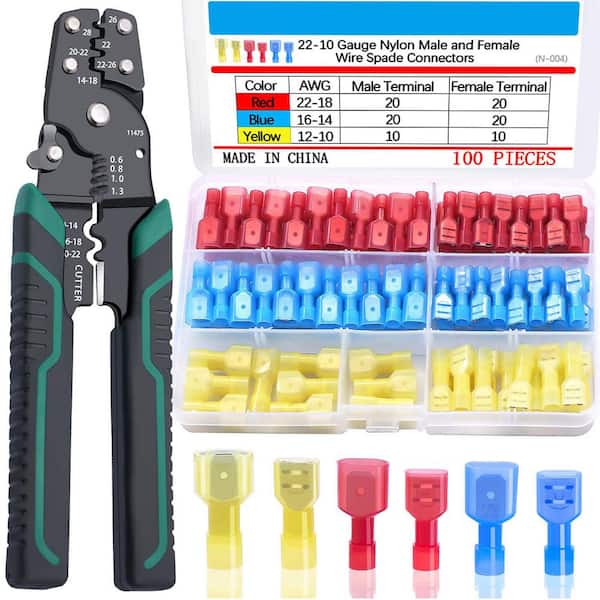 22-10-Gauge Quick Disconnect Fully Insulated Male and Female Wire Spade Terminal Assortment Kit with Crimper Tool