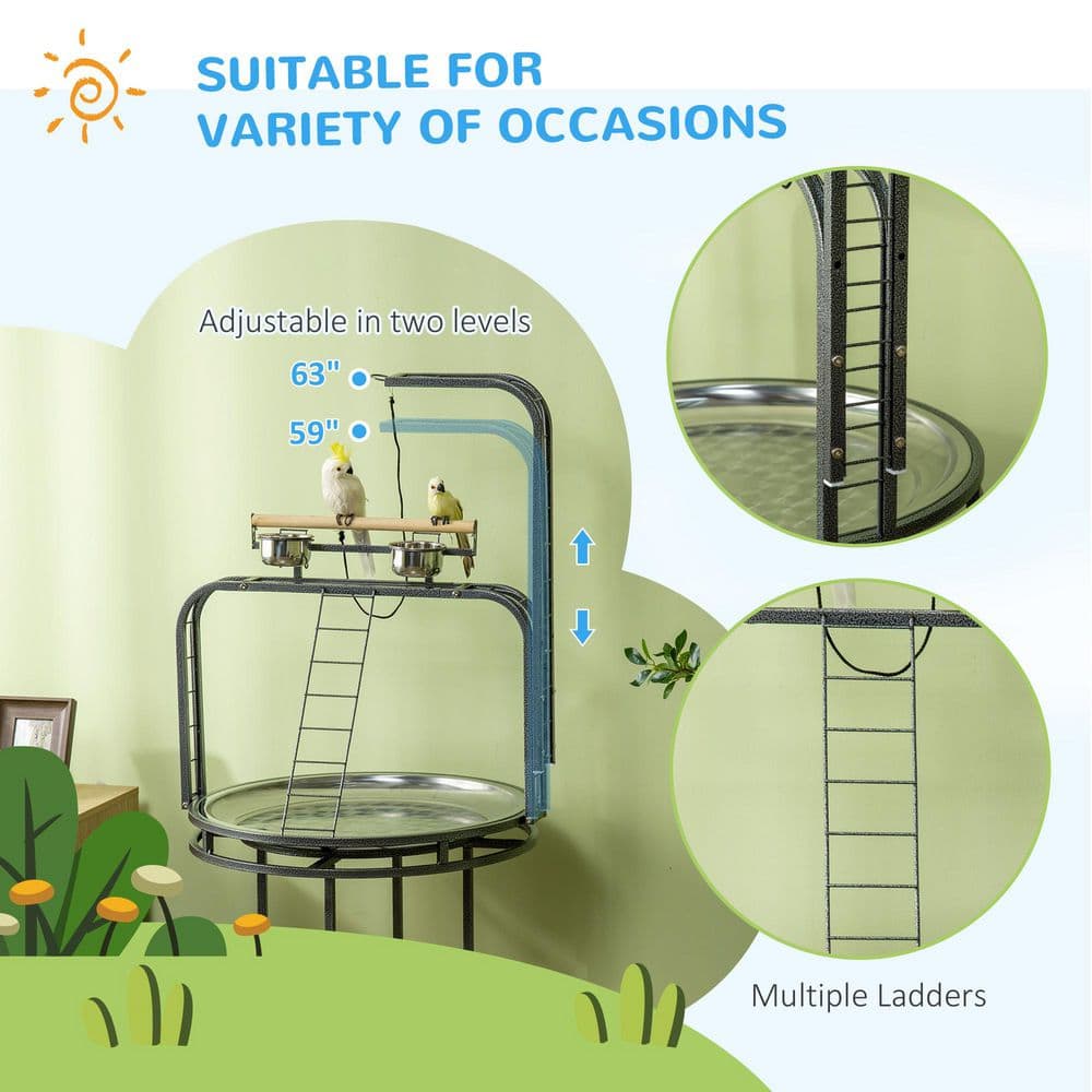 Gray Steel Bird Perch Stand with Toy Hook and Ladders