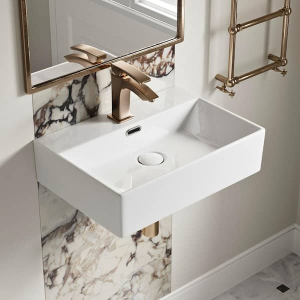 20 in. x 14 in. Wall Hung Sink with Overflow, White Floating Rectangular Ceramic Sink with Single Faucet Hole