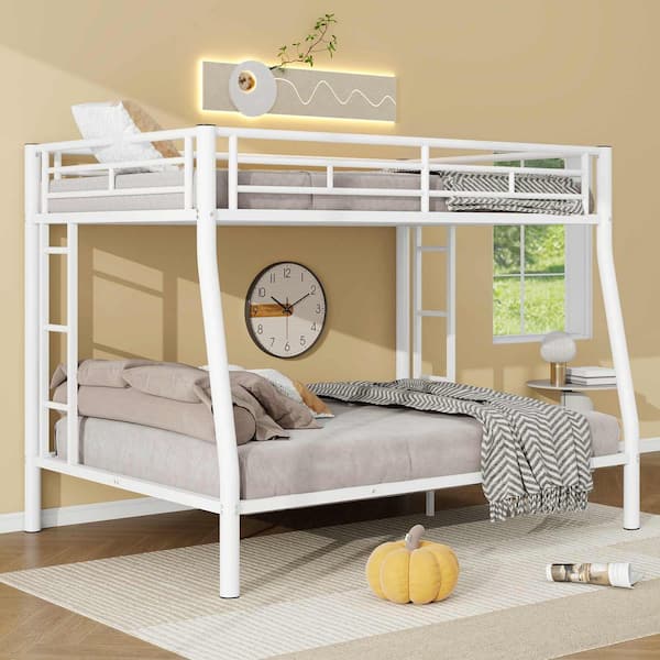Polibi White Full XL Over Queen Metal Bunk Bed with Ladder and Guardrails