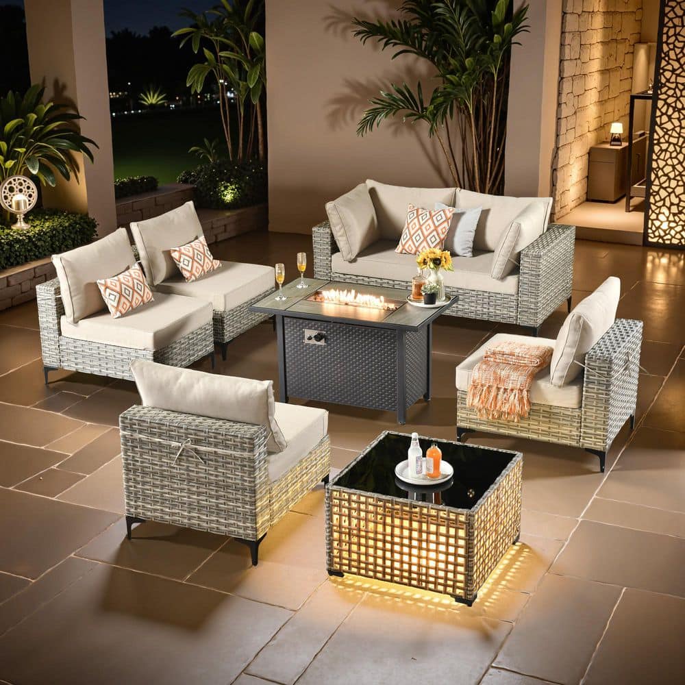 Coralia Gray 8-Piece Wicker Patio Conversation Sets With Fire Pit Table, Beige Cushion and Lighted Coffee Table