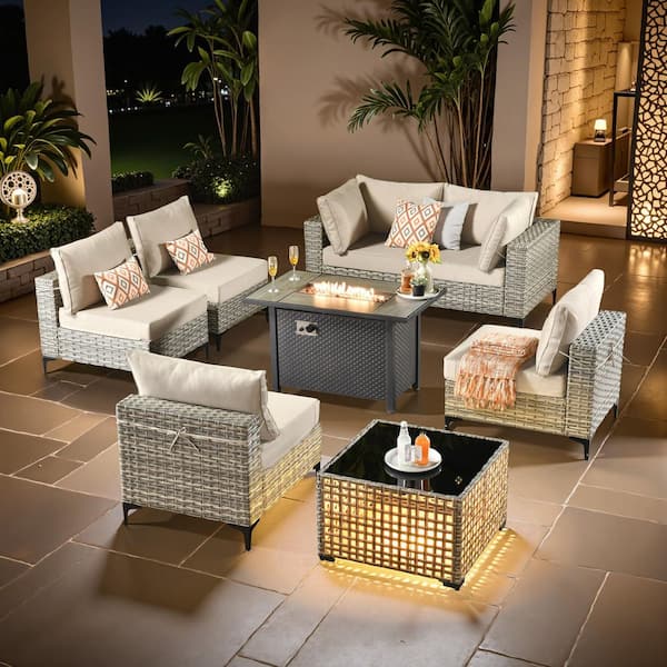 Coralia Gray 8-Piece Wicker Patio Conversation Sets With Fire Pit Table, Beige Cushion and Lighted Coffee Table