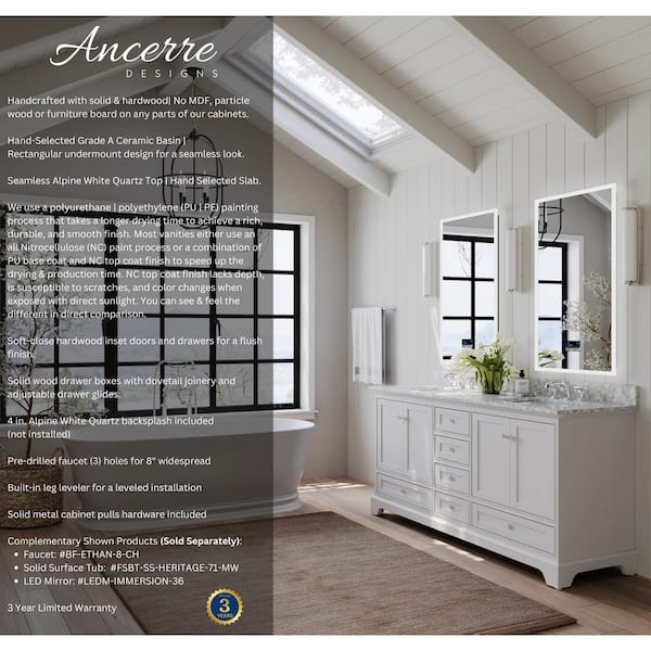 Audrey 72 in. W x 22 in. D Vanity in White with Marble Vanity Top in Carrara White with White Basin