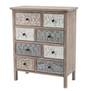 Rustic Carved Wood 8-Drawer Chest End Table