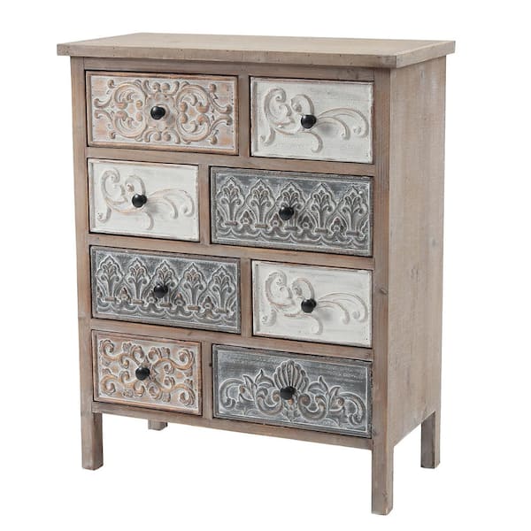LuxenHome Rustic Carved Wood 8-Drawer Chest End Table
