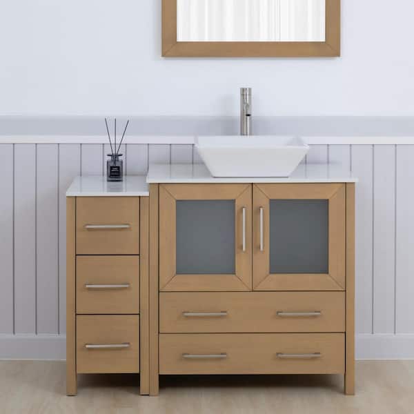 42 in. W Single Basin Natural Oak Bath Vanity with White Engineered Marble Top and Mirror
