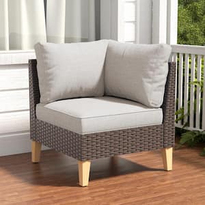 Brown Corner Wicker Outdoor Lounge Chair with Beige Cushions