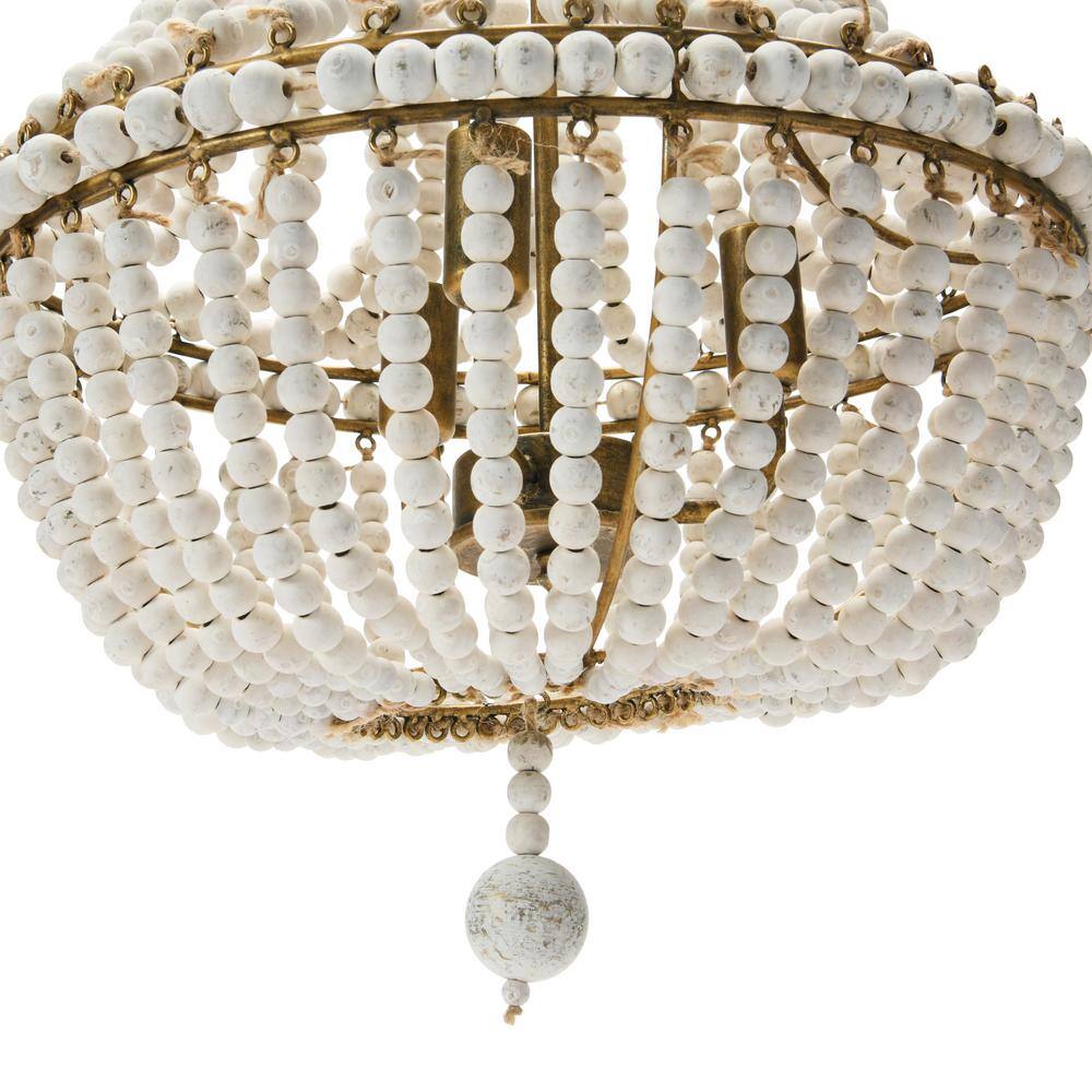 Off-White Draped Wood Bead Chandelier with Iron Frame