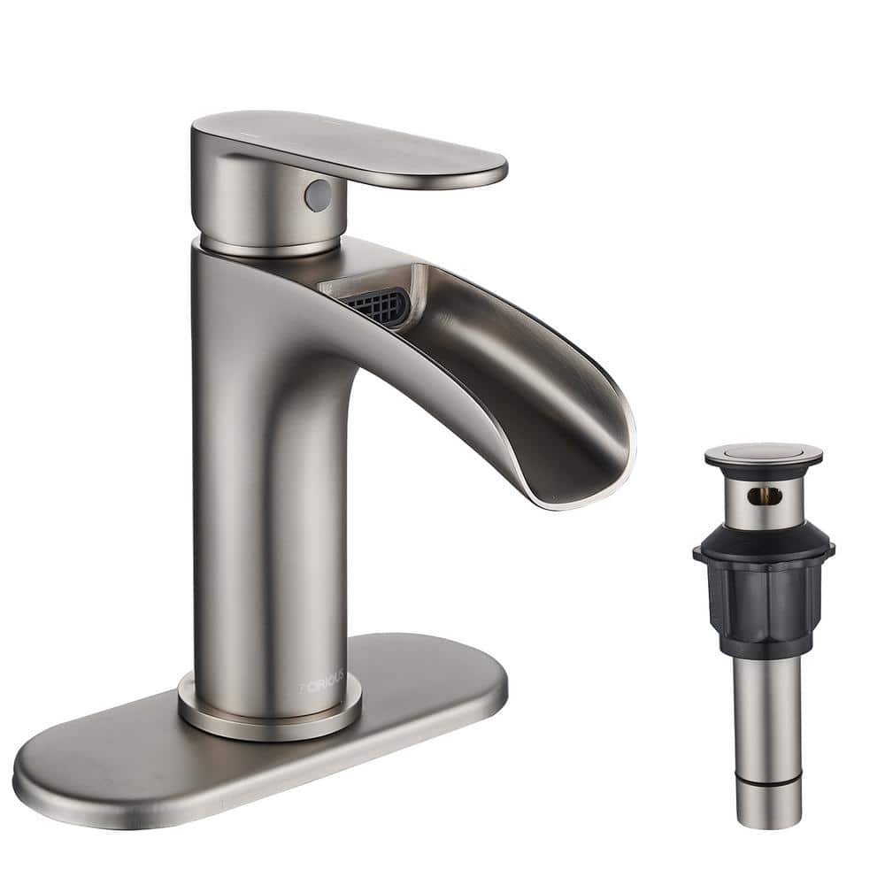 Brushed Nickel Waterfall Single Handle Bathroom Faucet with Pop-Up Drain