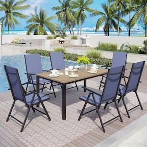 7-Piece Metal Outdoor Dining Set with Brown Rectangular Table-Top and Blue Folding Chairs