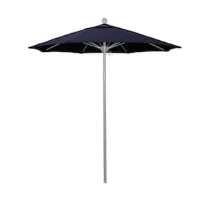 7.5 ft. Grey Woodgrain Aluminum Commercial Market Patio Umbrella Fiberglass Ribs and Push Lift in Navy Blue Sunbrella