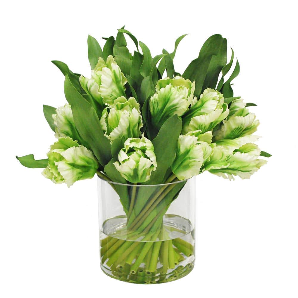 15 in. Green Indoor Artificial Tulip in Cylinder Vase