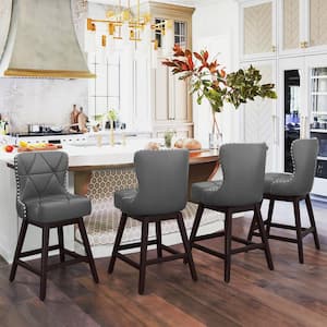 Zola 26 in. Dark Gray Wood Frame Counter Bar Stool Faux Leather Upholstered Swivel Bar Stool (Set of 4)