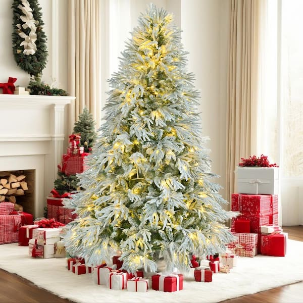 6 ft. Pre-Lit Spruce Snow Flocked Artificial Christmas Tree with 300 LED Lights for Holiday Office Home Decor