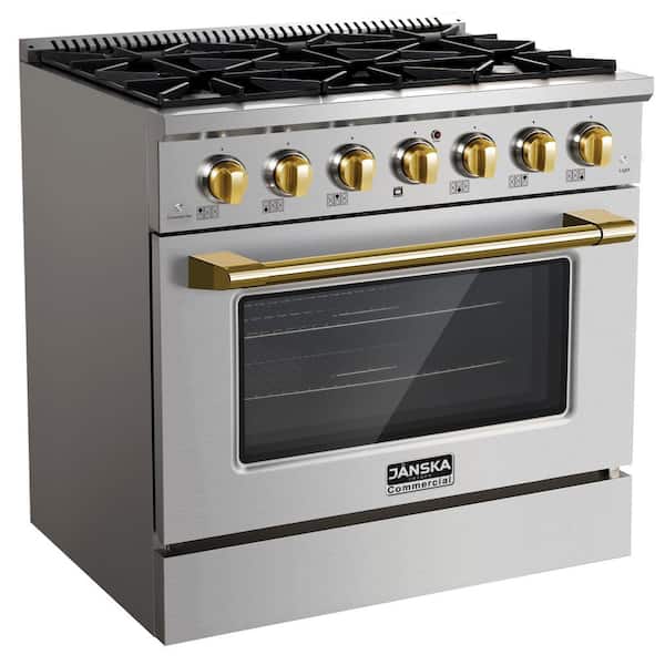 36 in. 5.2 cu. ft. Dual Fuel Range, 6 Burners, Convection Oven, Griddle, in Stainless Steel with Gold Knobs and Handle