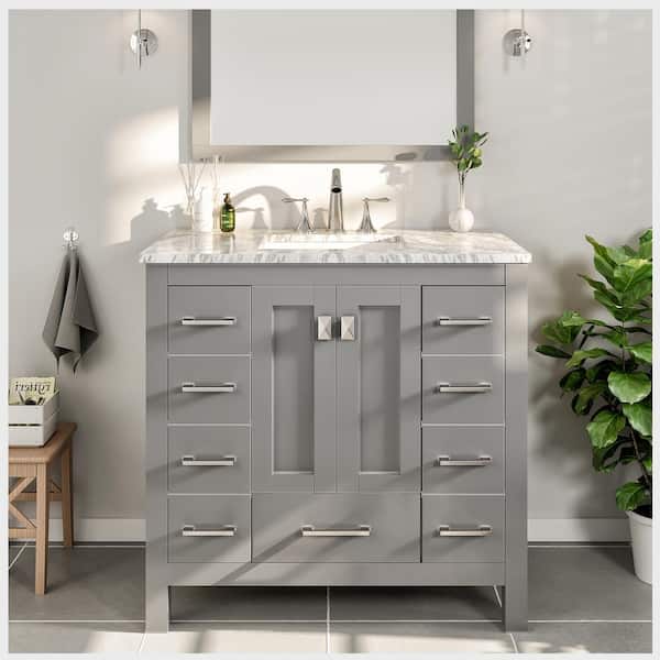 Eviva Hampton 36 in. W x 22 in. D x 34 in. H Bathroom Vanity in Gray with White Carrara Marble Top with White Sink