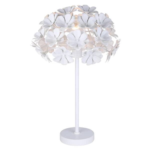 CANARM Cassia 23 in. White Table Lamp with White Metal Floral Shade and Line Switch