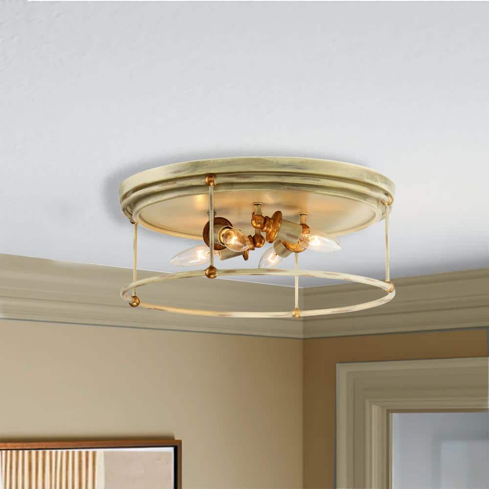 Farmhouse White and Gold Leaf 16.5" Drum LED Flush Mount Light